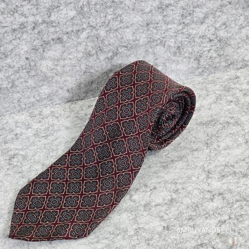 Christian Dior Mens Silk Tie Burgundy Geometric Medallion Woven Italy USA Luxury